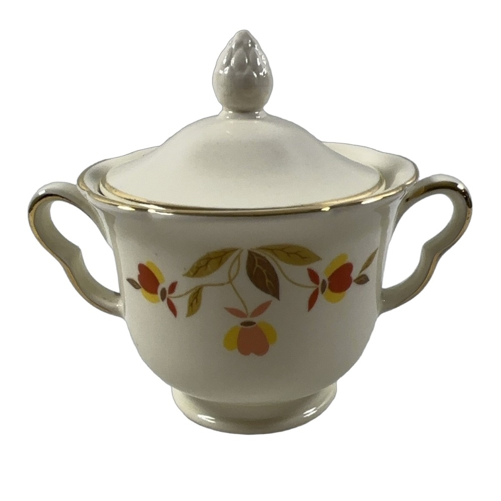 Vintage Hall Autumn Leaf Ruffled D Sugar Bowl with Lid Floral Gold Trim